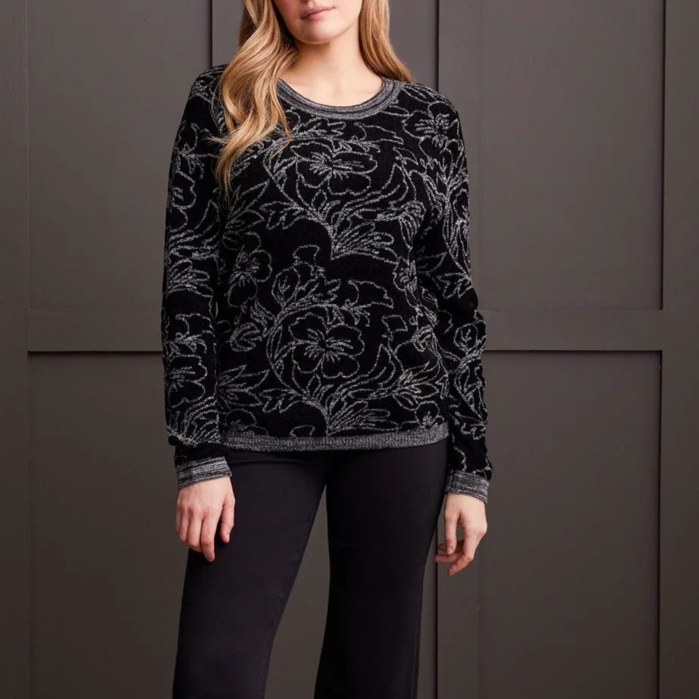 Tribal Black & Grey Floral Jacquard Scoop Neck Sweater NWT XL